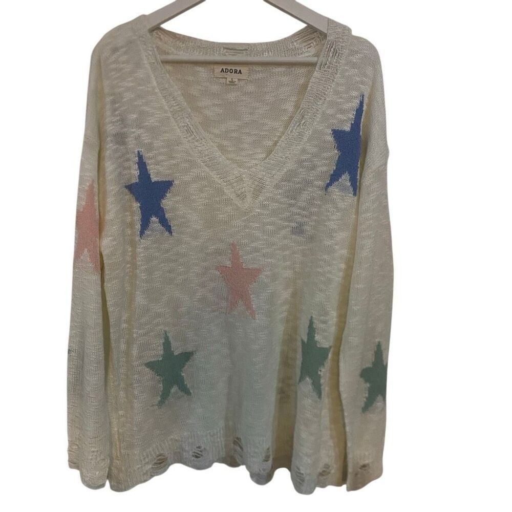 Adora large, long, sleeved, distressed star, cream, blue sweater, V-neck, long s